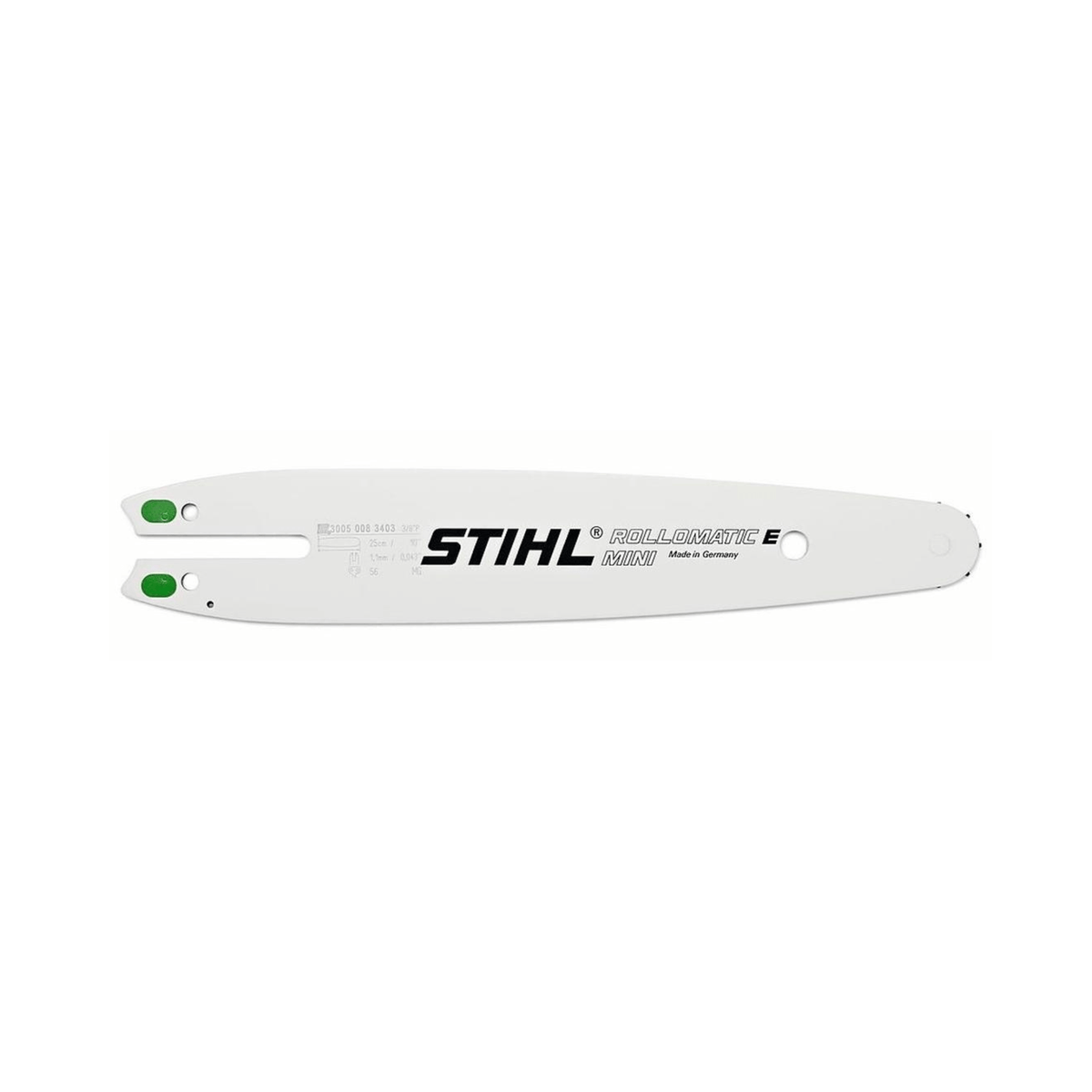 Rollomatic E Mini Chainsaw Guide Bar 10" showing durable high-grade chrome molybdenum steel design for efficient cutting.