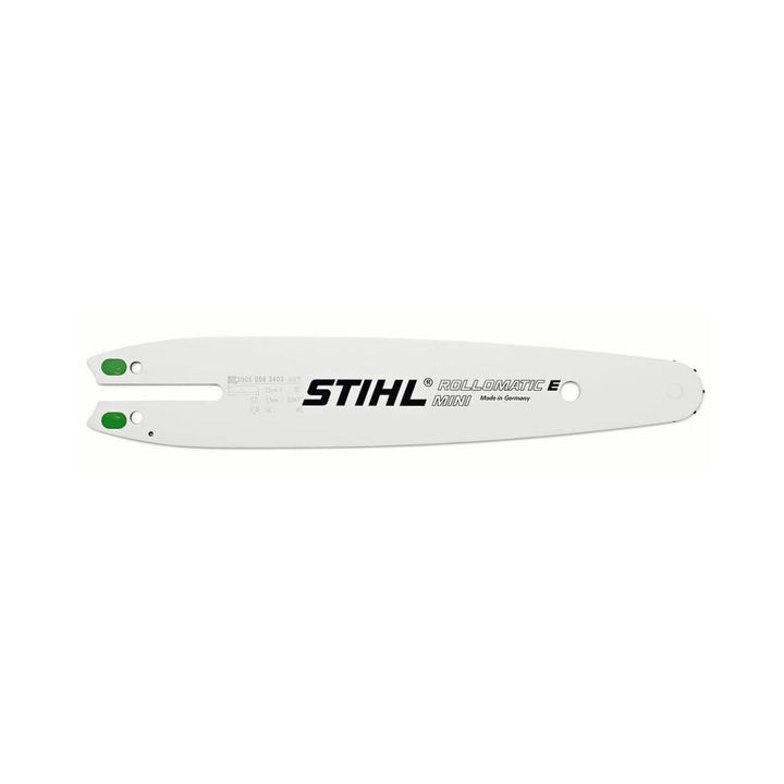 Rollomatic E Mini Chainsaw Guide Bar 10" showing durable high-grade chrome molybdenum steel design for efficient cutting.