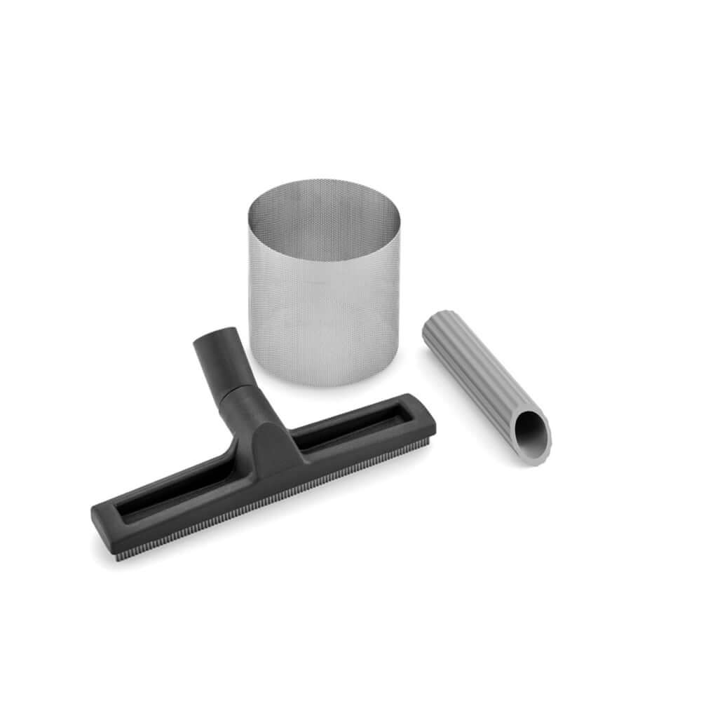 Stihl SE 62 Wet Vacuuming Set components: wet vacuum floor nozzle, stainless steel filter, and angled rubber nozzle.