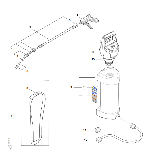 SGA 30 Cordless Backpack Sprayer Spare Parts diagram showing components for replacement and maintenance.
