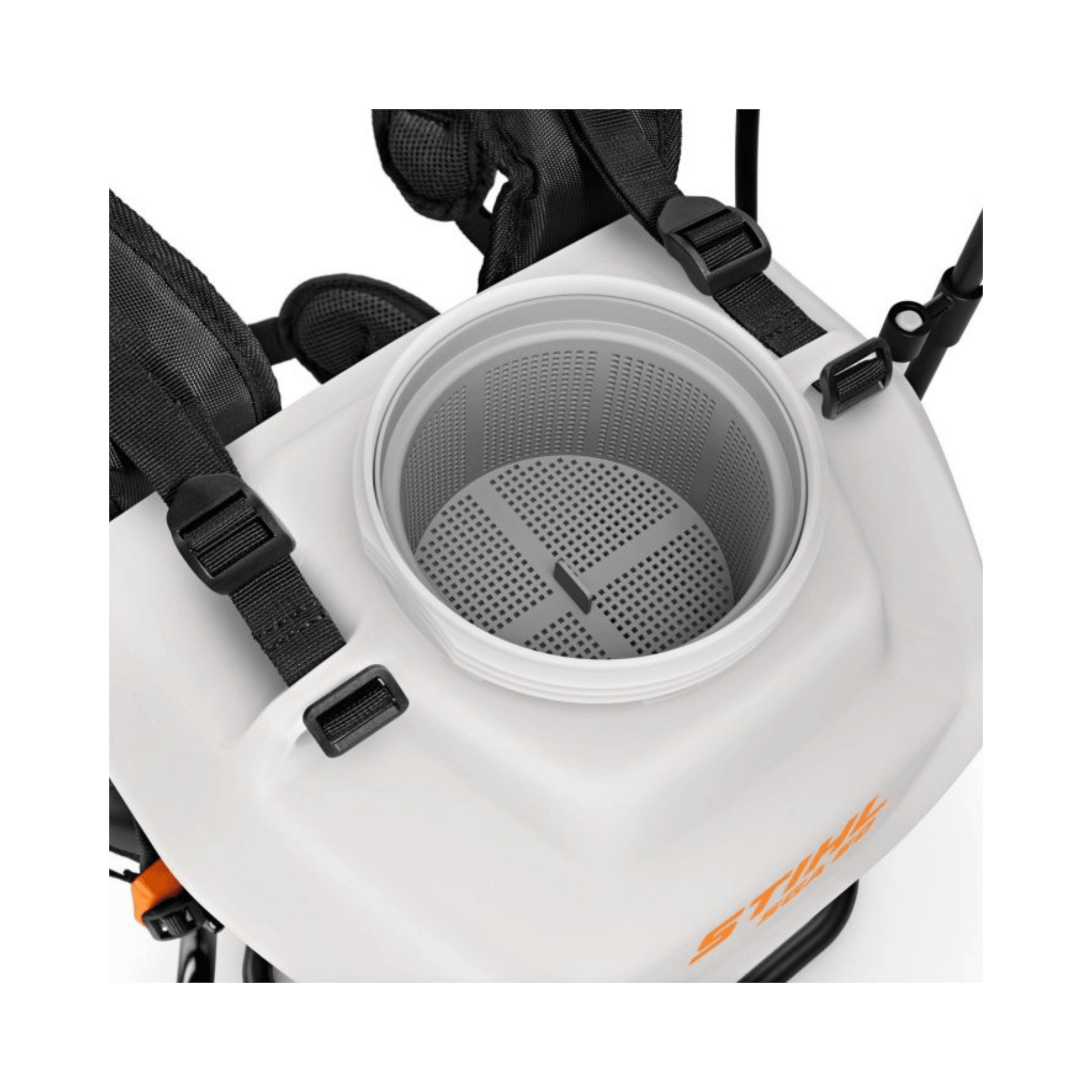 Close-up of the STIHL SGA 60 Cordless Sprayer's tank lid and filter mesh.