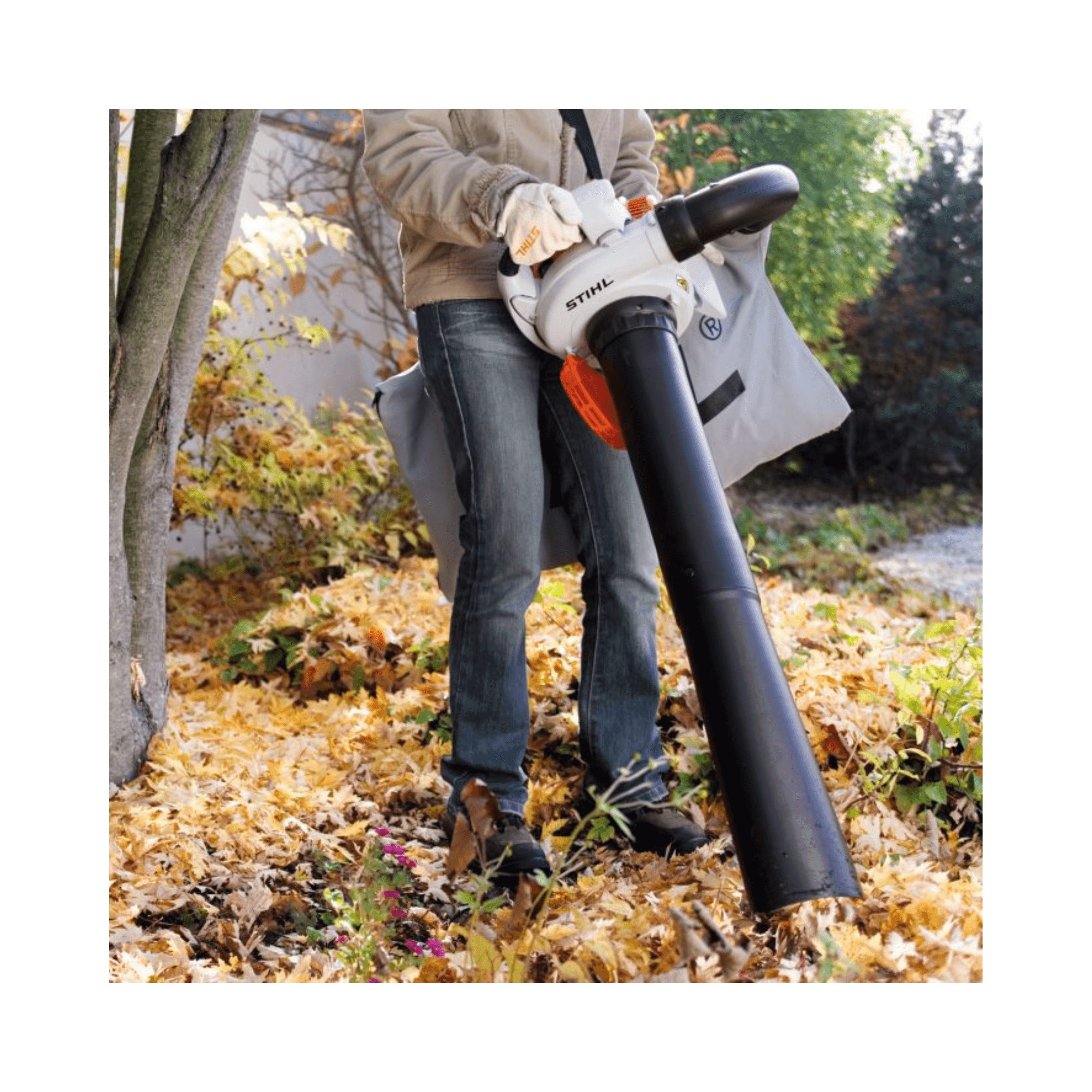 Person using SH 56 Petrol Vacuum Shredder & Blower to clear leaves in a garden.