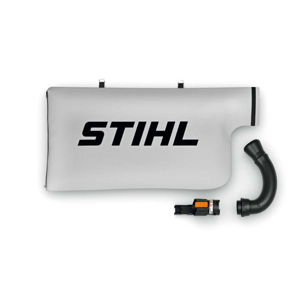 STIHL SHA 56 Collection Shredding Bag Attachment set with a zip and tube for efficient garden cleanup.