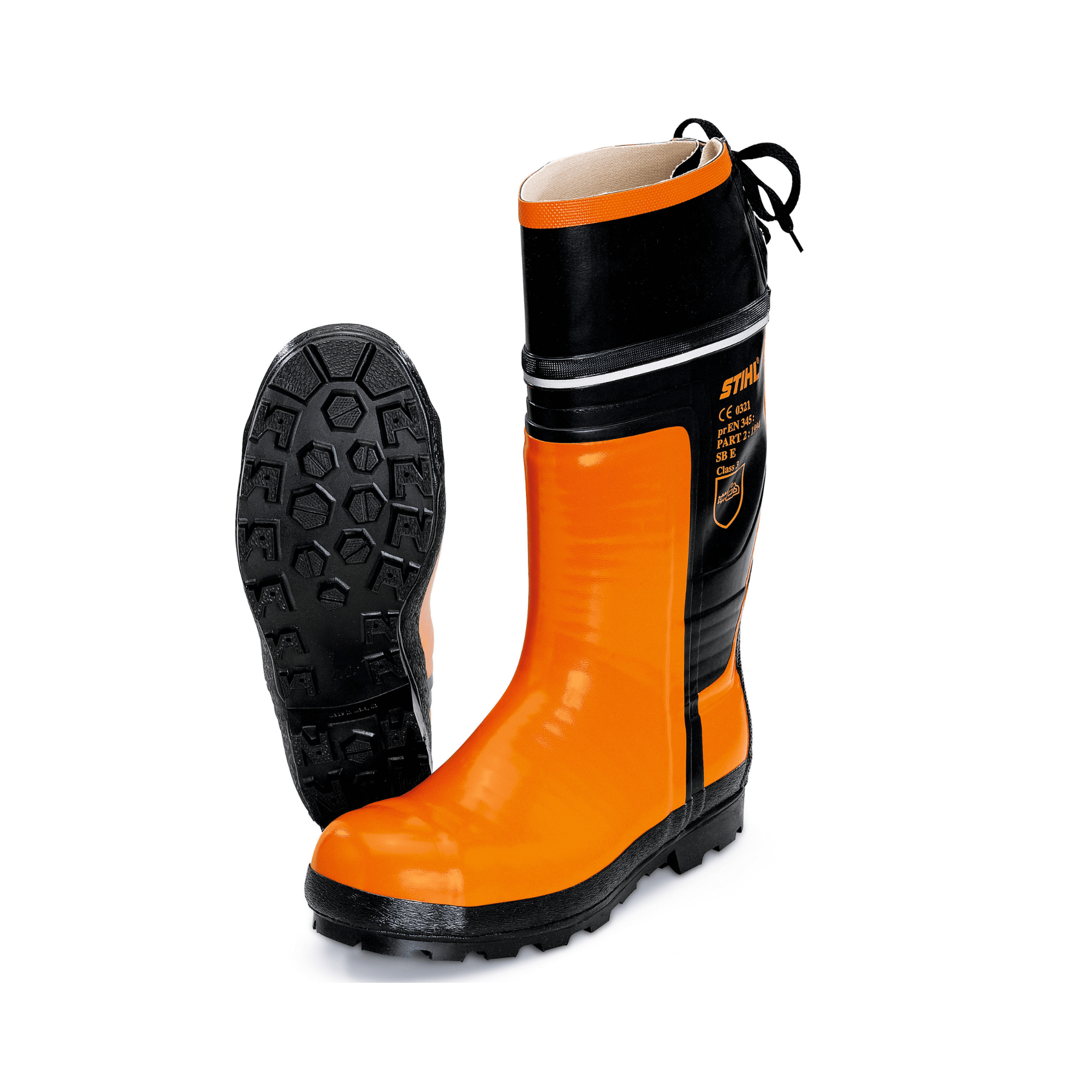 SPECIAL Rubber Chainsaw Boots Class 3 in orange color with rugged sole for forestry and arborist protection.