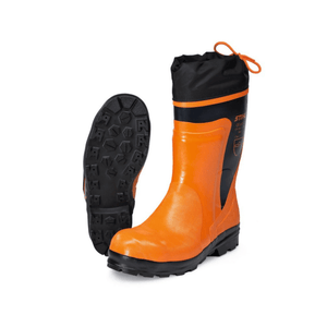 STANDARD Rubber Chainsaw Boots Class 1 in orange with durable sole, designed for tree surgeons and outdoor use.
