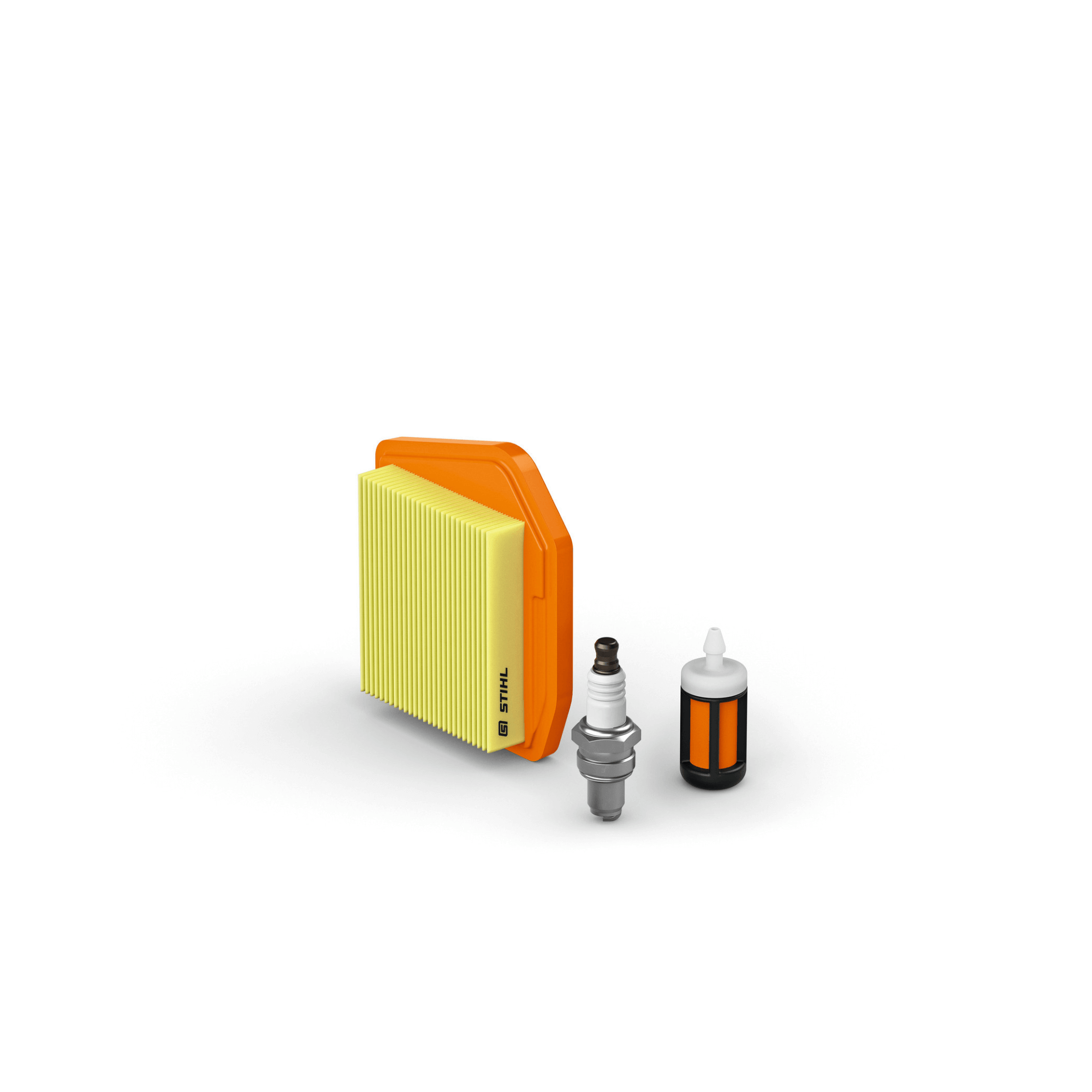 Brushcutter Service Kits components including air filter, spark plug, and fuel filter.