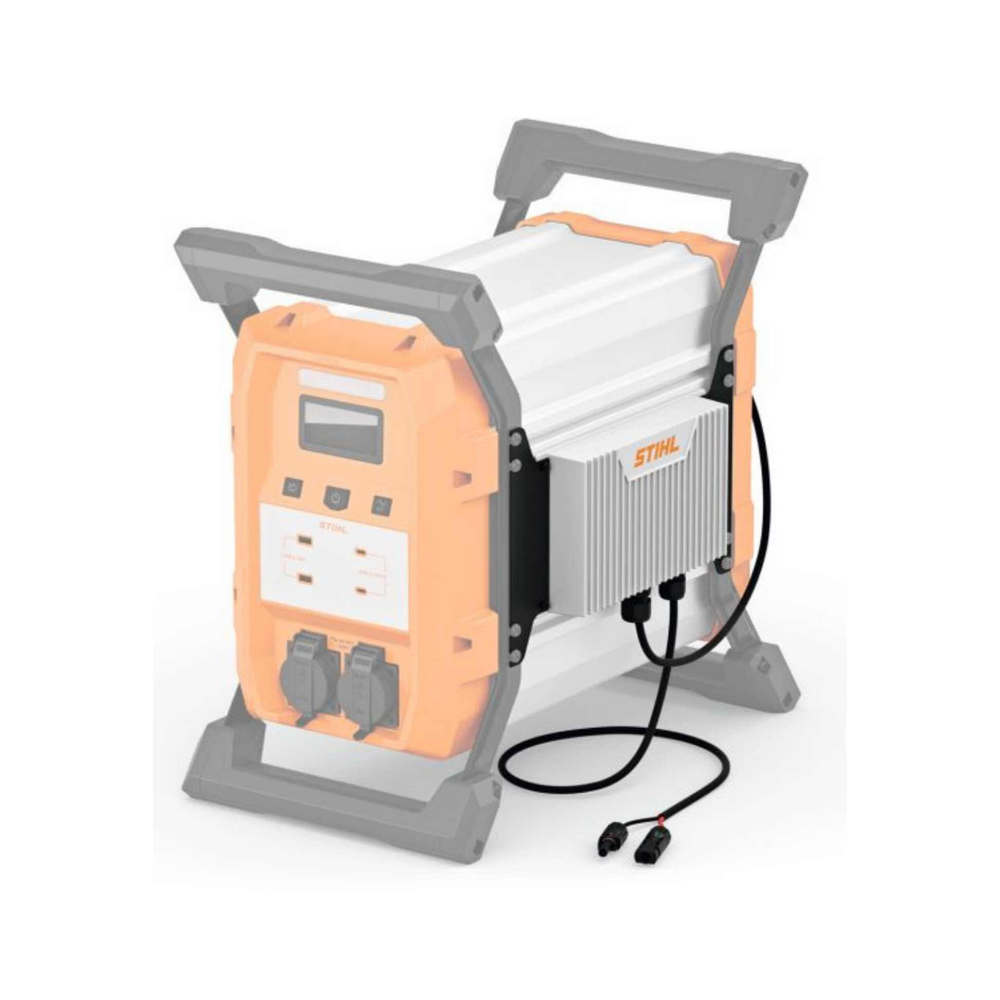STIHL MPPT Solar Charge Controller connected to a solar panel via MC4 connector.