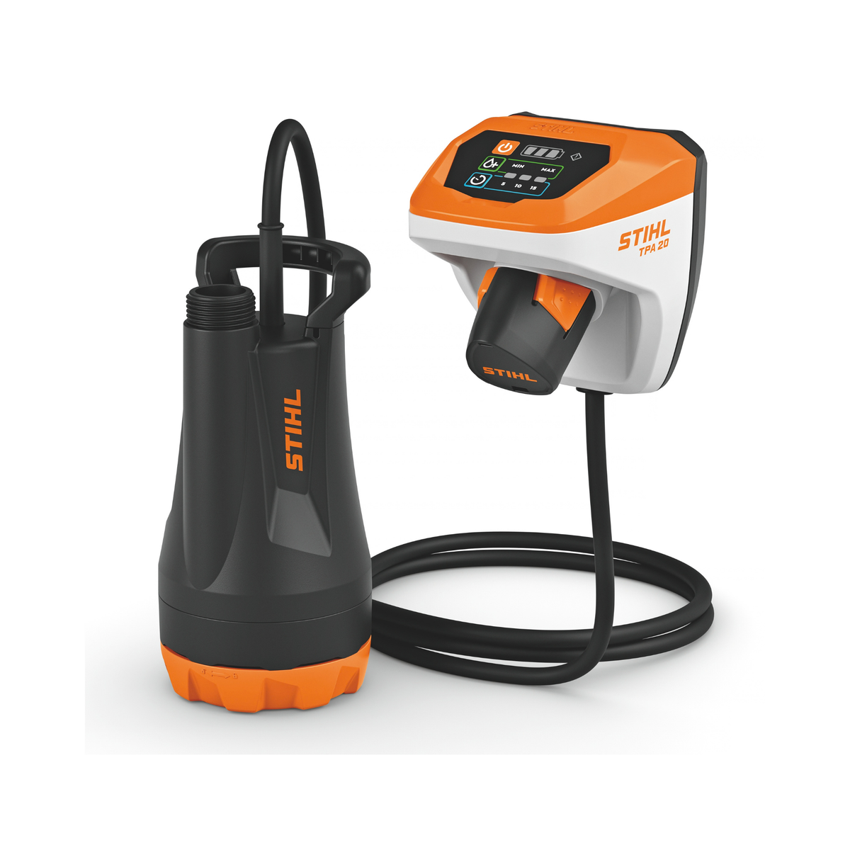 STIHL TPA 20 Cordless Pump with charger, perfect for efficient water transfer and garden watering.