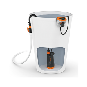STIHL TPA 20 Cordless Pump displayed in a water container, showcasing its portable and compact design.