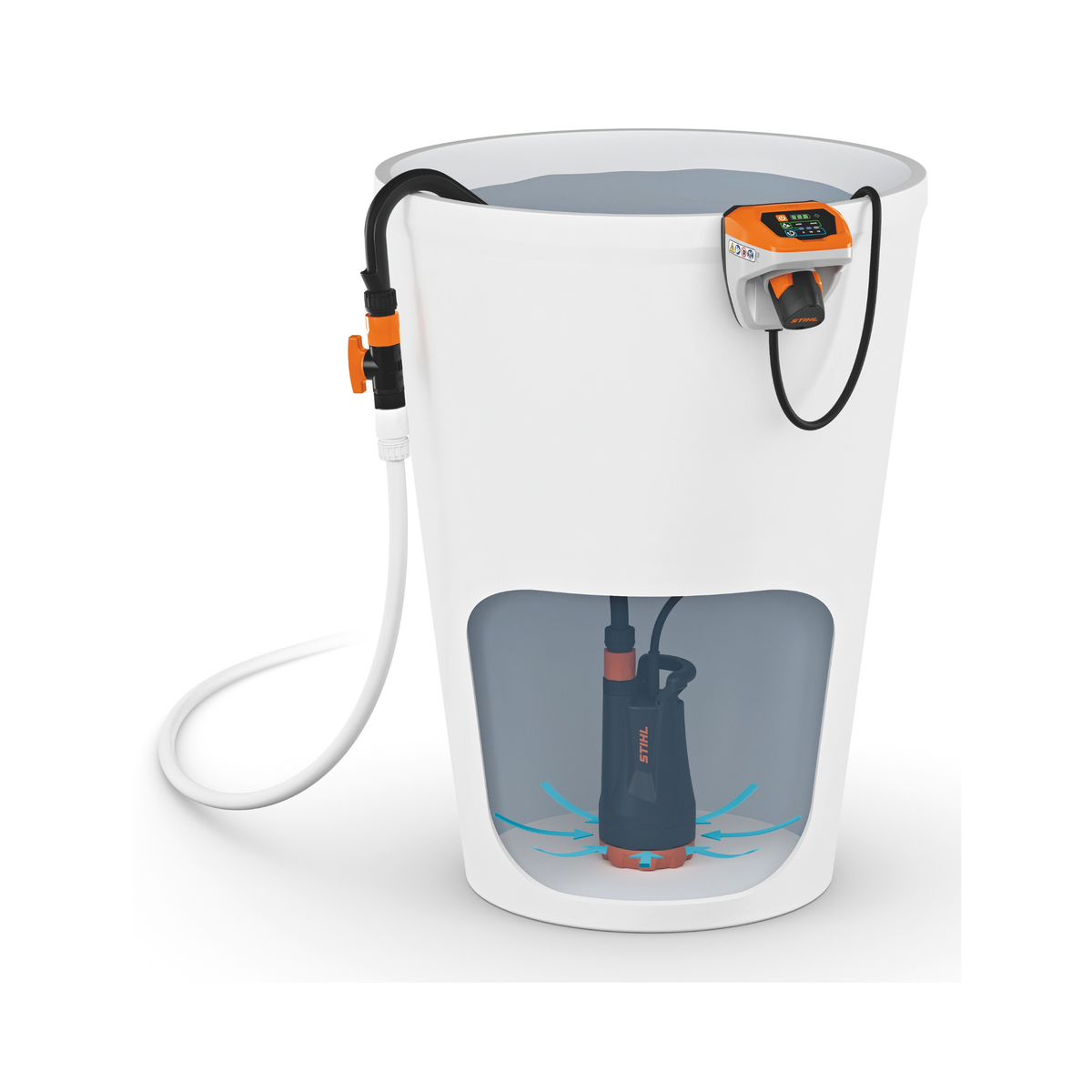 STIHL TPA 20 Cordless Pump inside a water container with hose for easy water transfer.