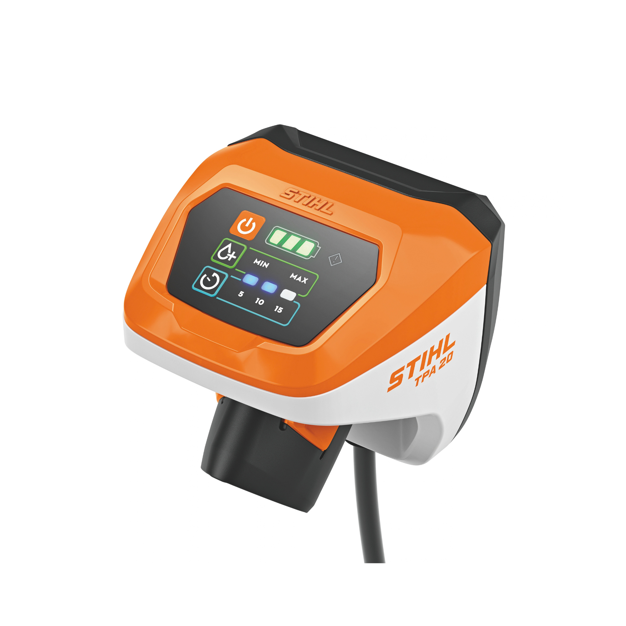 STIHL TPA 20 Cordless Pump control interface with battery level indicators and power button.