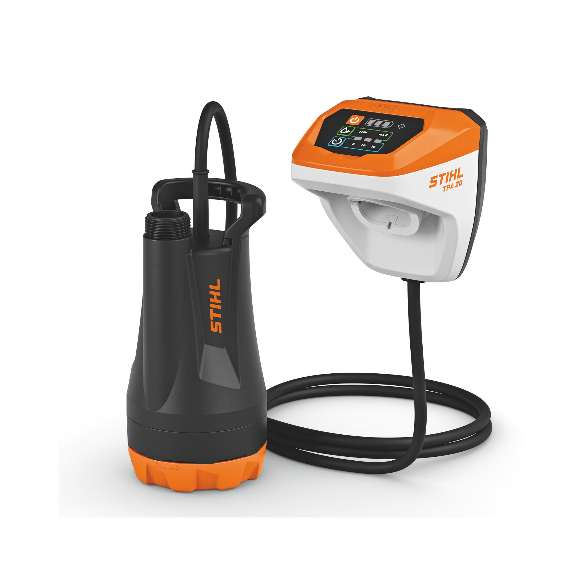 STIHL TPA 20 Cordless Pump with display and charging unit for efficient water transfer and drainage.