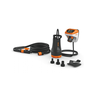 STIHL TPA 20 Cordless Pump with hose, fittings, and control unit for efficient water transfer.