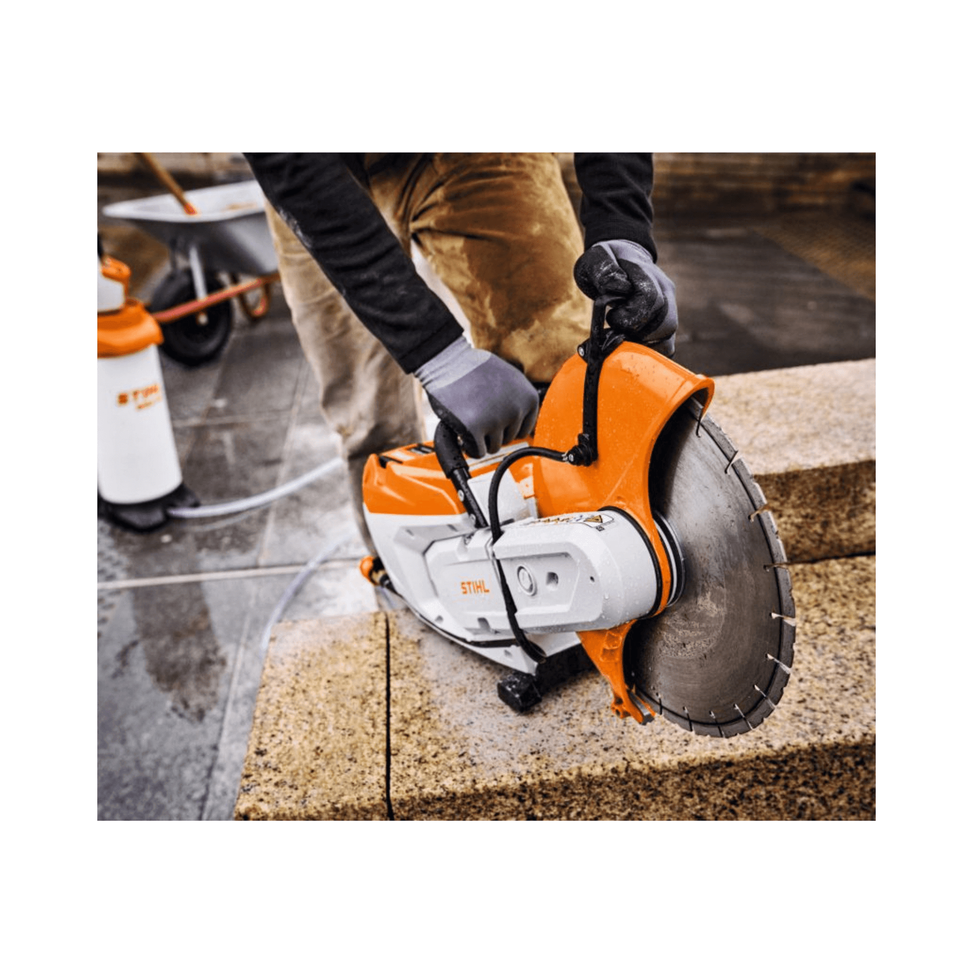 TSA 500 Cordless Disc Cut-Off Machine 14" in use on construction site with operator handling it.