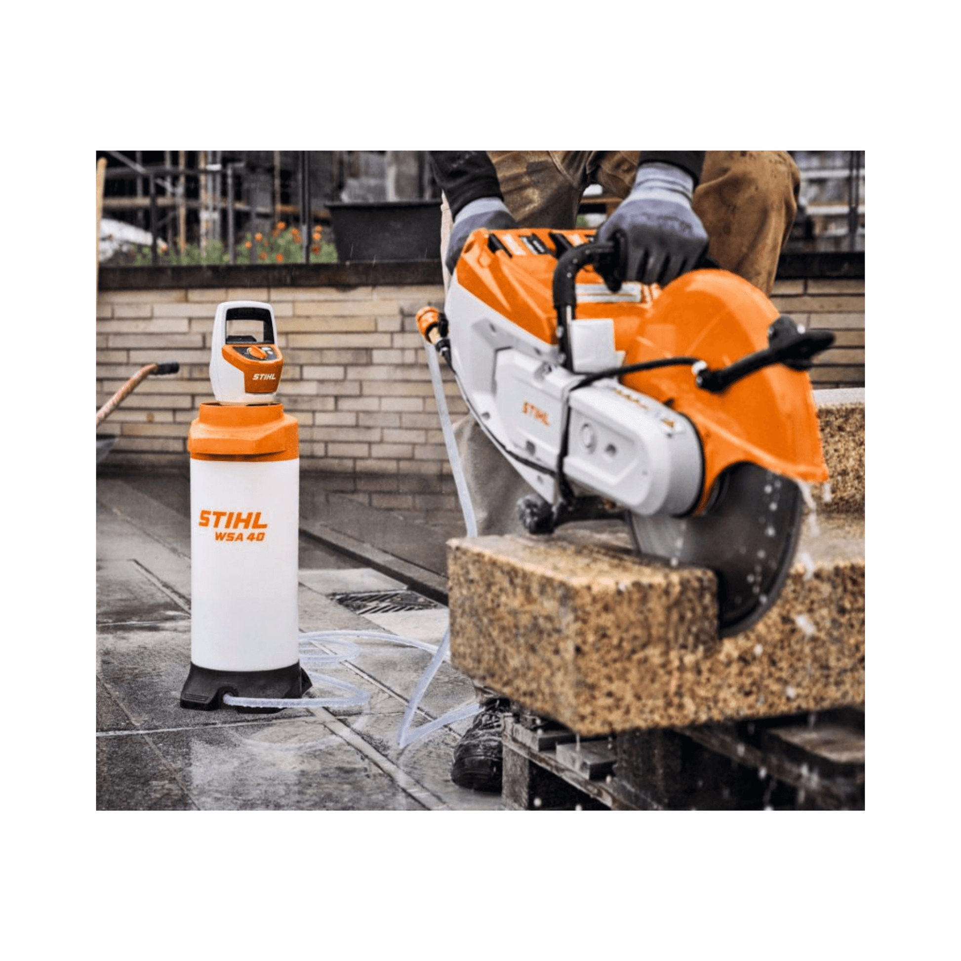 STIHL TSA 500 Cordless Disc Cut-Off Machine 14" in action, showcasing cutting on a construction site.