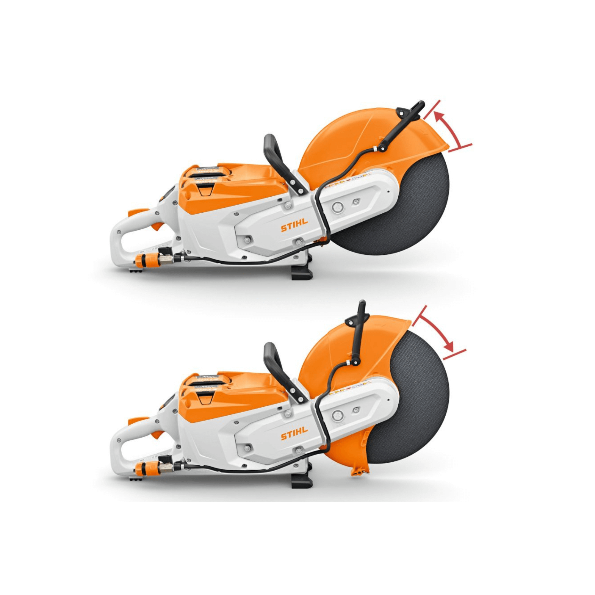TSA 500 Cordless Disc Cut-Off Machine 14" shown from two angles, highlighting features and design.