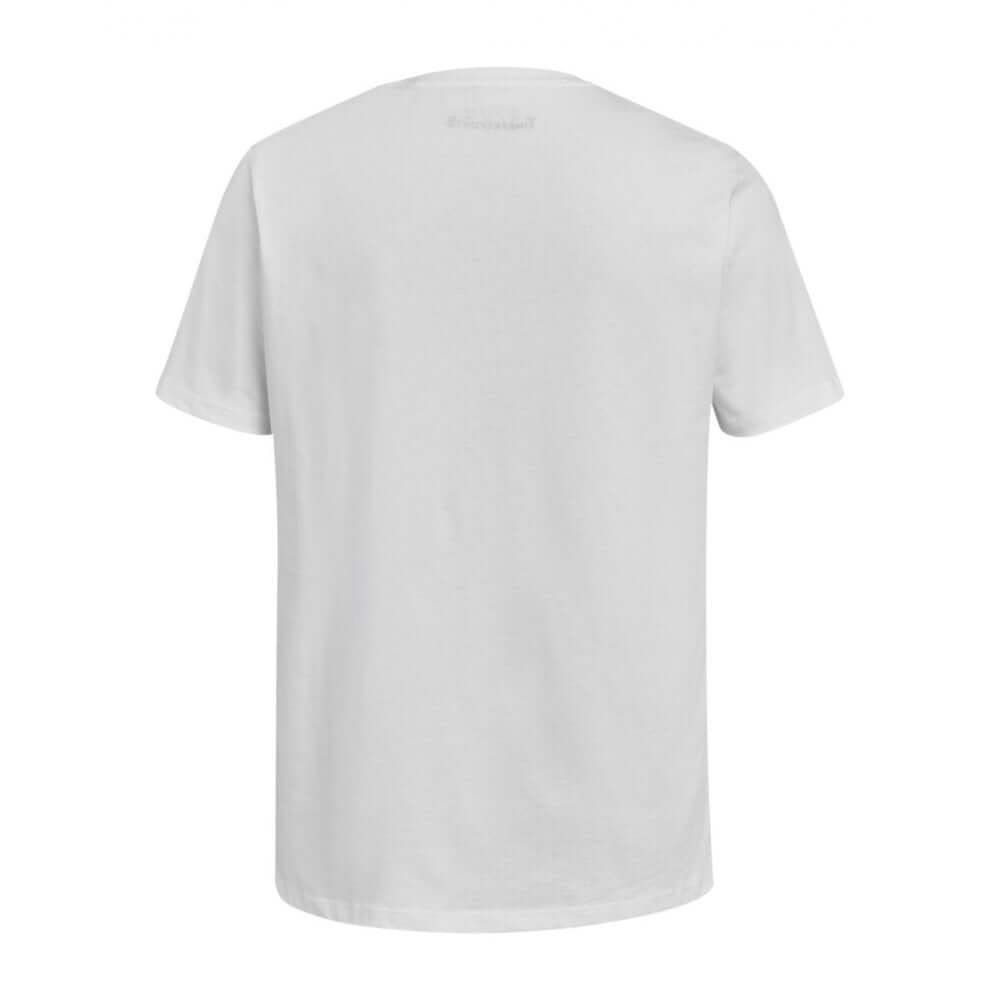 Back view of the STIHL Timbersports White Vertical Logo T-Shirt, perfect for tree surgeons and logger sports enthusiasts.