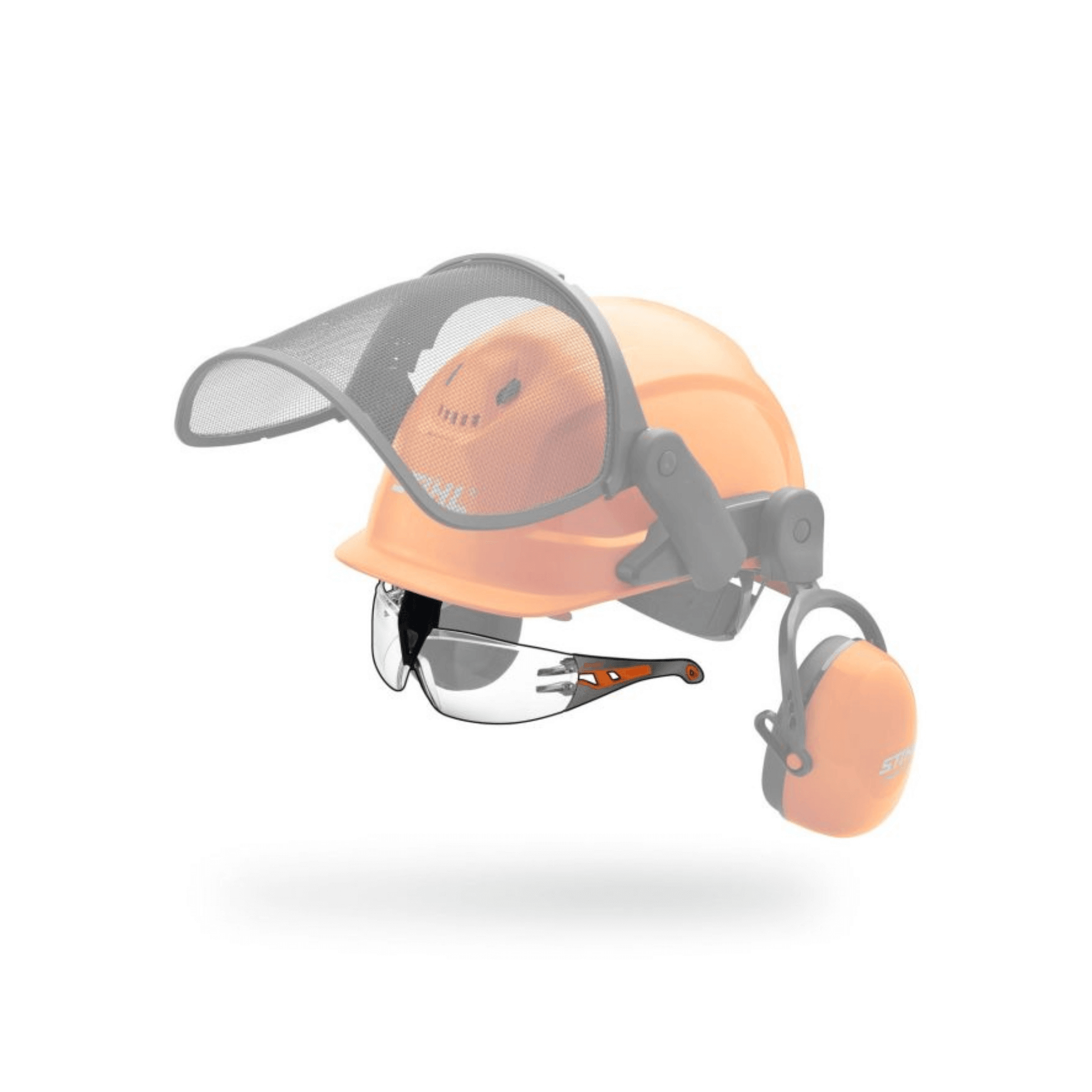 STIHL Vent Integrated Safety Glasses attached to an orange hard hat with a mesh visor and earmuffs for tree surgeons.