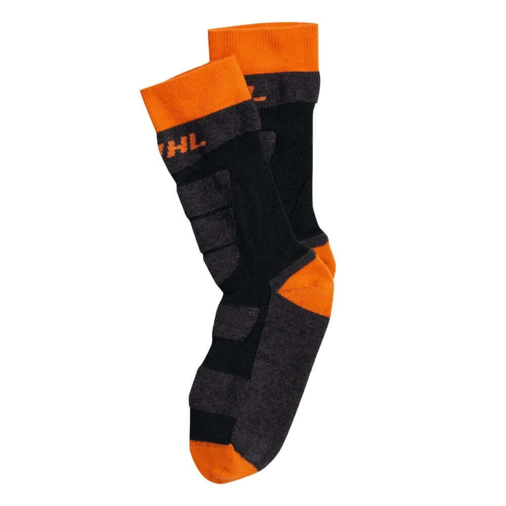 STIHL Worker Socks in black and orange, designed for comfort and durability for tree surgeons and outdoor workers.