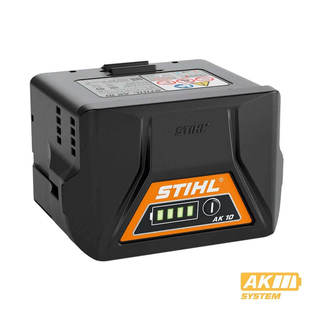 A black STIHL AK 10 lithium-ion battery with orange accents and a digital display showing battery status.