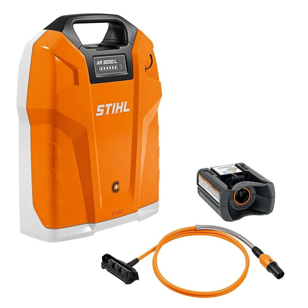 STIHL AR 3000L Battery Set, including the battery itself, a carrying system, and a USB charging cable.