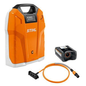 STIHL AR 3000L Battery Set, including the battery itself, a carrying system, and a USB charging cable.