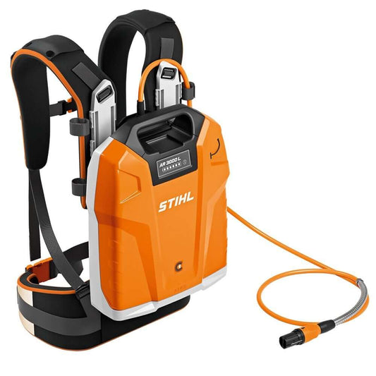 STIHL AR3000L Battery Set, including the battery itself, a carrying system, and a USB charging cable.