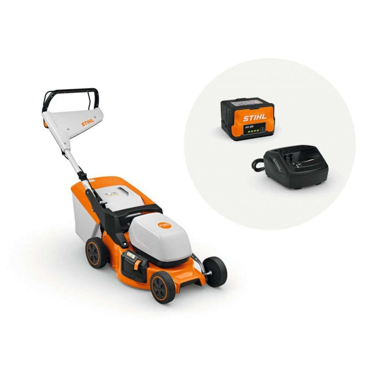 STIHL RMA 248 T self-propelled cordless lawn mower with battery and charger, ideal for tree surgeons and home gardeners.