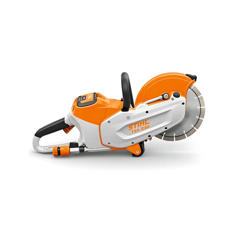 STIHL TSA 230 Cordless 9" Disc Cut-Off Machine, ideal for tree surgeons, lightweight, low vibration, cuts various materials.