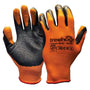 A pair of orange and black Forester Grip Arborist Work Gloves with a dotted grip pattern.
