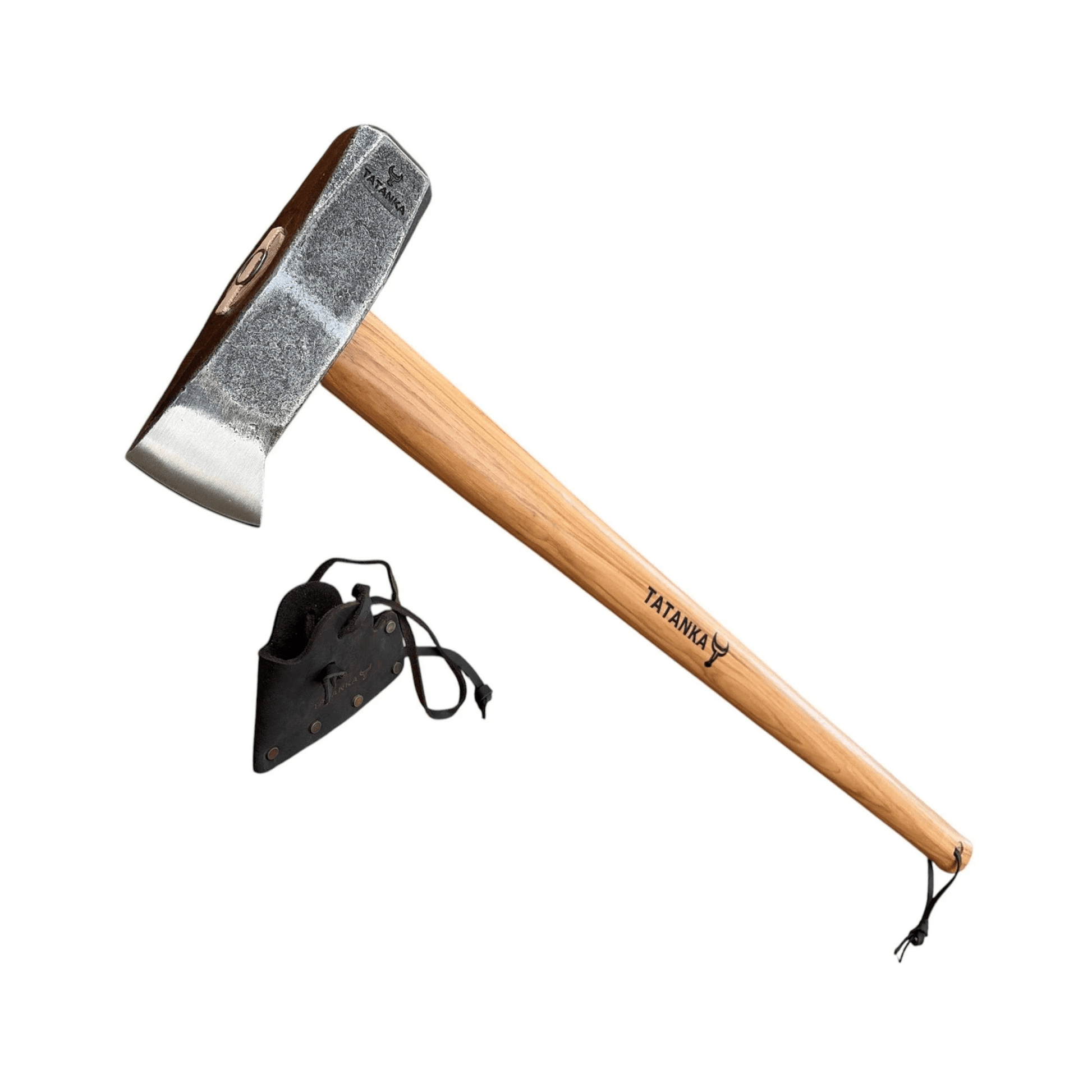 A Tatanka hand axe with a wooden handle and steel head, shown alongside a black leather sheath on a plain white background.
