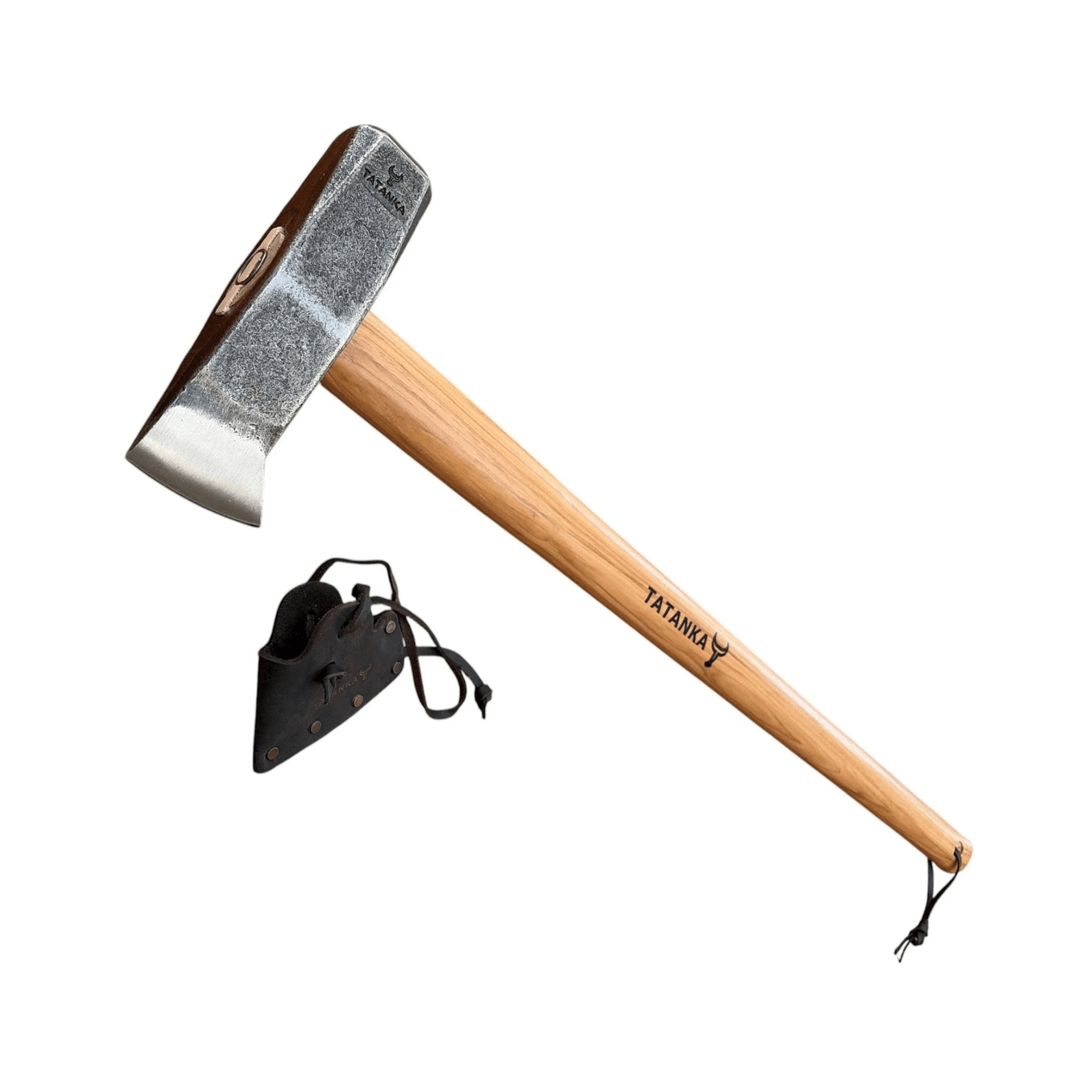 A Tatanka hand axe with a wooden handle and steel head, shown alongside a black leather sheath on a plain white background.