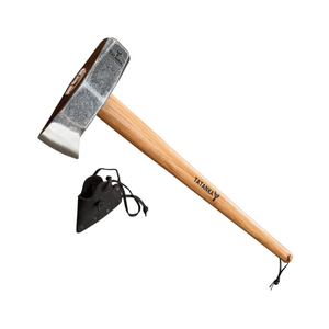 A Tatanka hand axe with a wooden handle and steel head, shown alongside a black leather sheath on a plain white background.