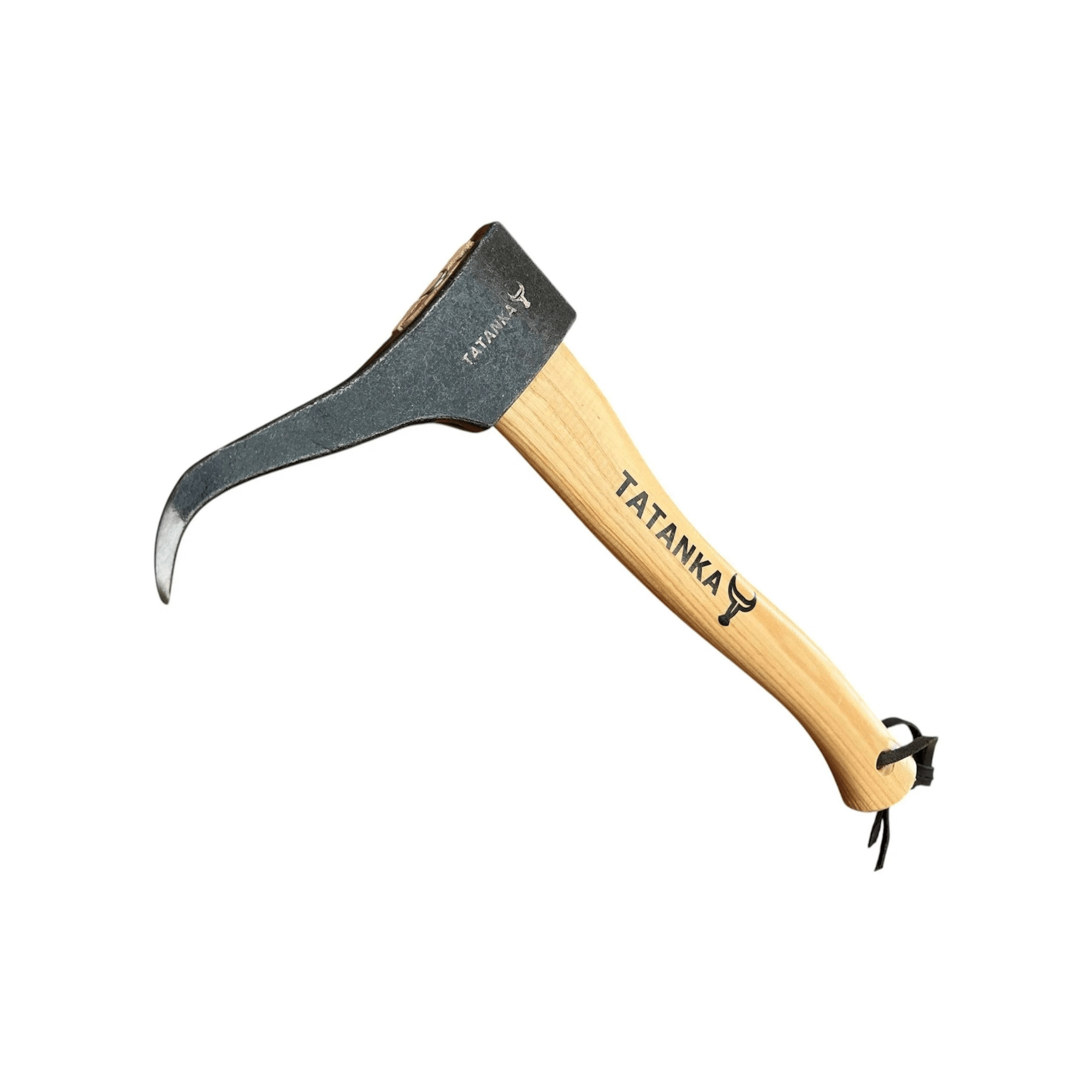 A Tatanka hand axe with a curved dark steel blade and a light natural wood handle, featuring the brand name 'TATANKA' printed on the handle and head.