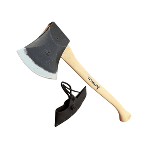 A hand axe with a black steel head, light wood handle, and black leather sheath on a plain white background. The handle is printed with the brand name 'TATANKA'.