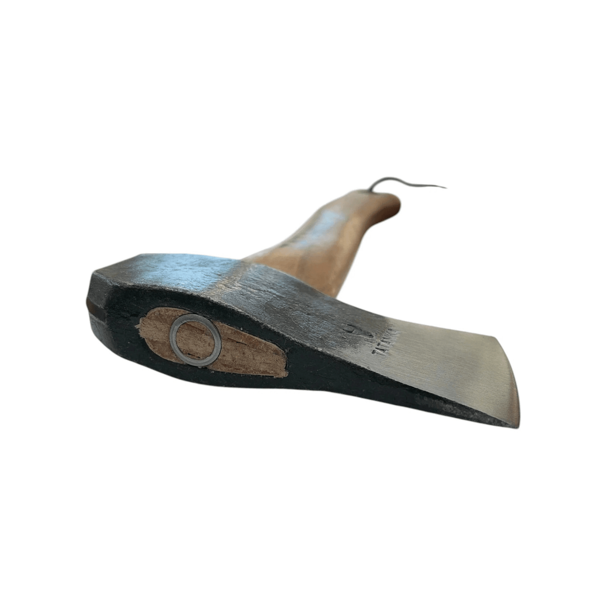 A traditional hand axe or hatchet with a dark, weathered steel head and a light brown wooden handle, isolated on a white background.