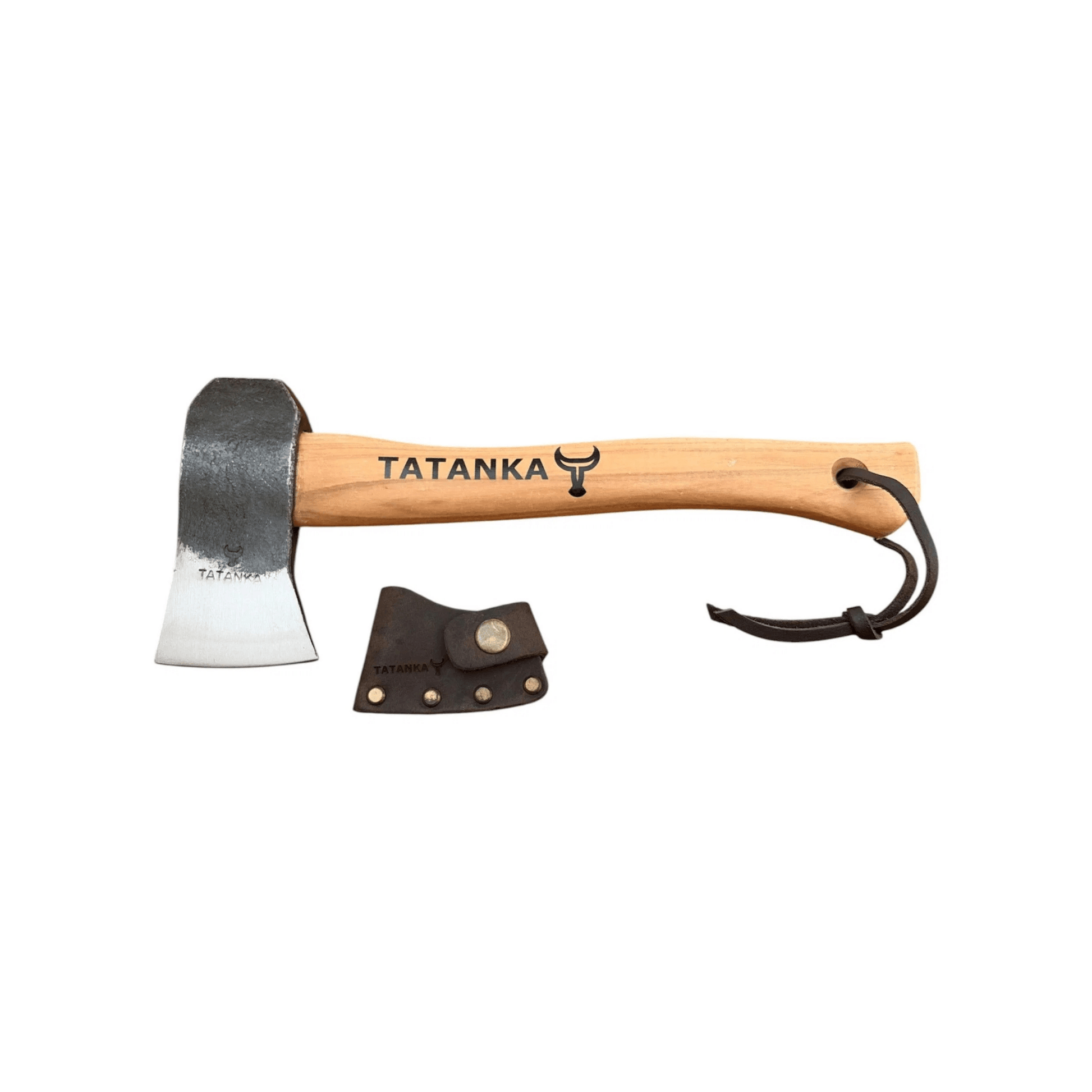 A small hand axe with a light wood handle and a dark metal blade, shown alongside a dark brown leather sheath. The handle is printed with the brand name 'TATANKA' and a bull logo.