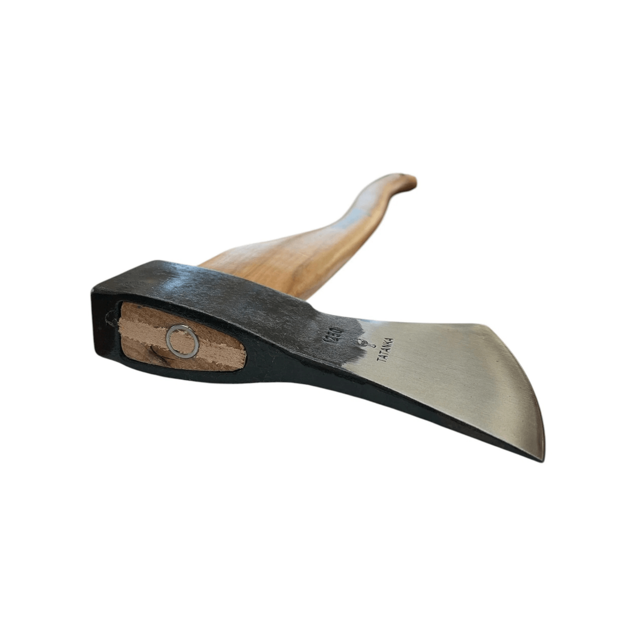 A hand axe with a curved wooden handle, dark metal head, and a polished steel cutting edge, isolated on a white background.
