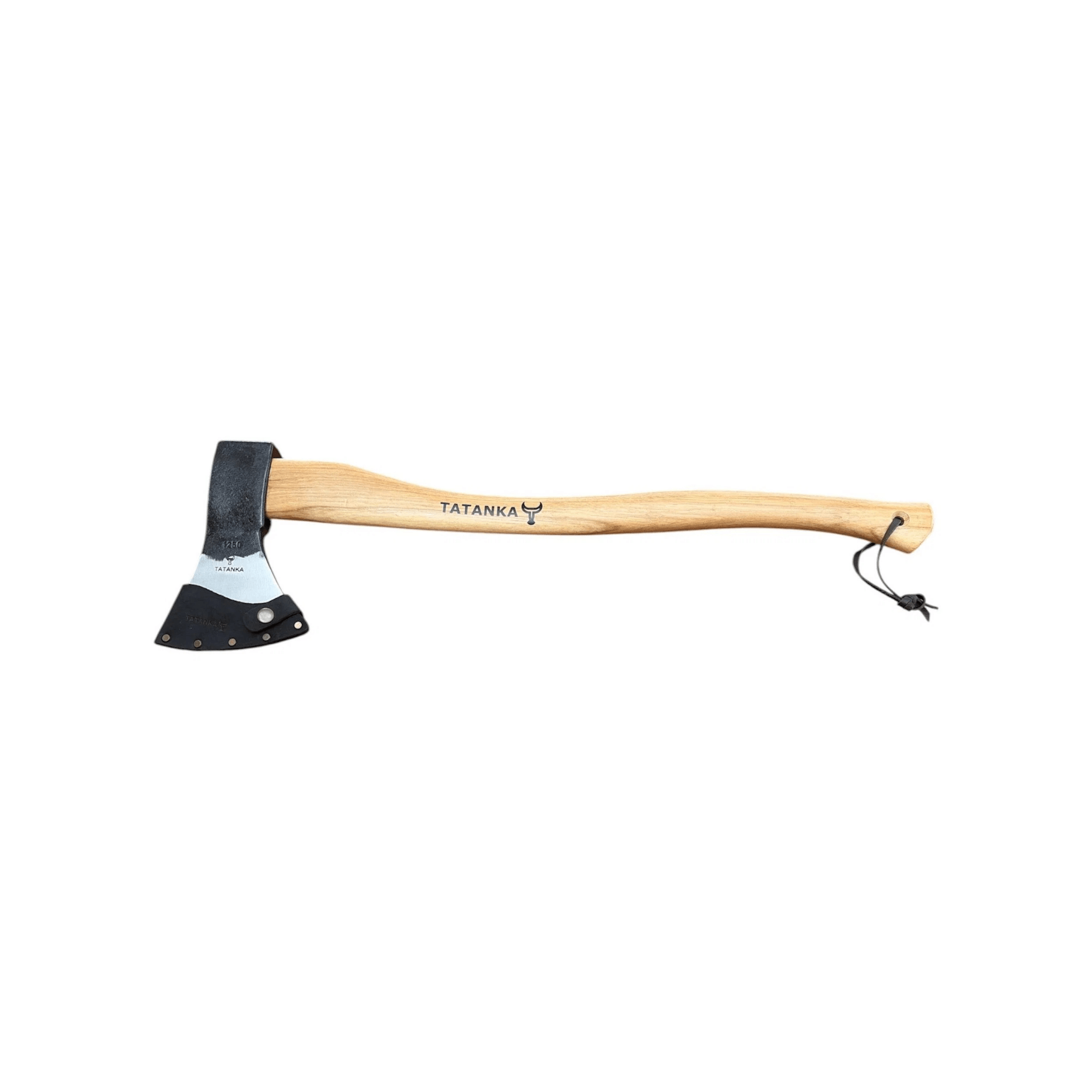 A hand axe with a light natural wood handle, black metal head, and a small black hanging cord, shown against a plain white background. The handle is printed with the brand name 'TATANKA'.