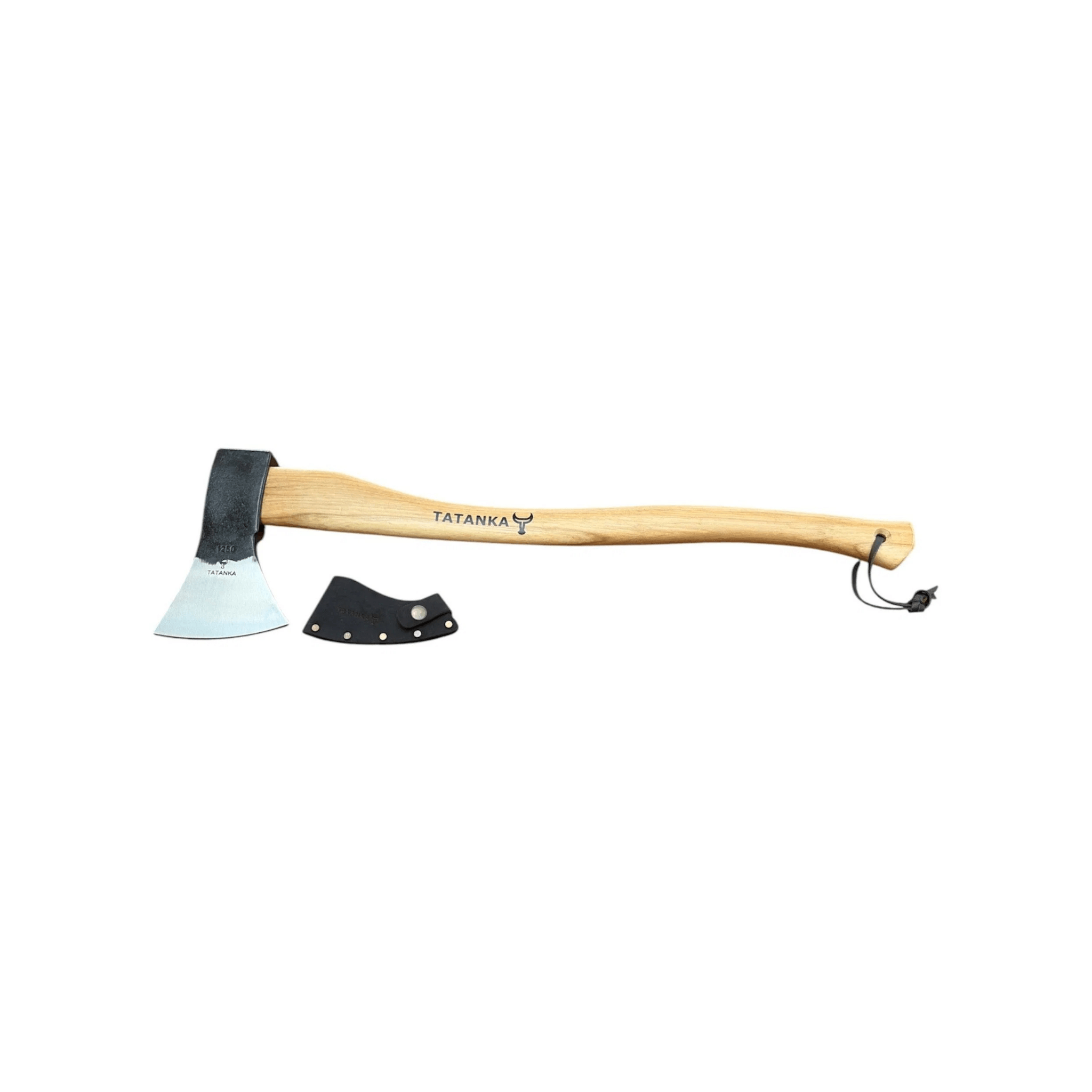A TATANKA hand axe with a light wood handle, black metal head, and a separate black leather sheath, displayed horizontally on a solid white background.