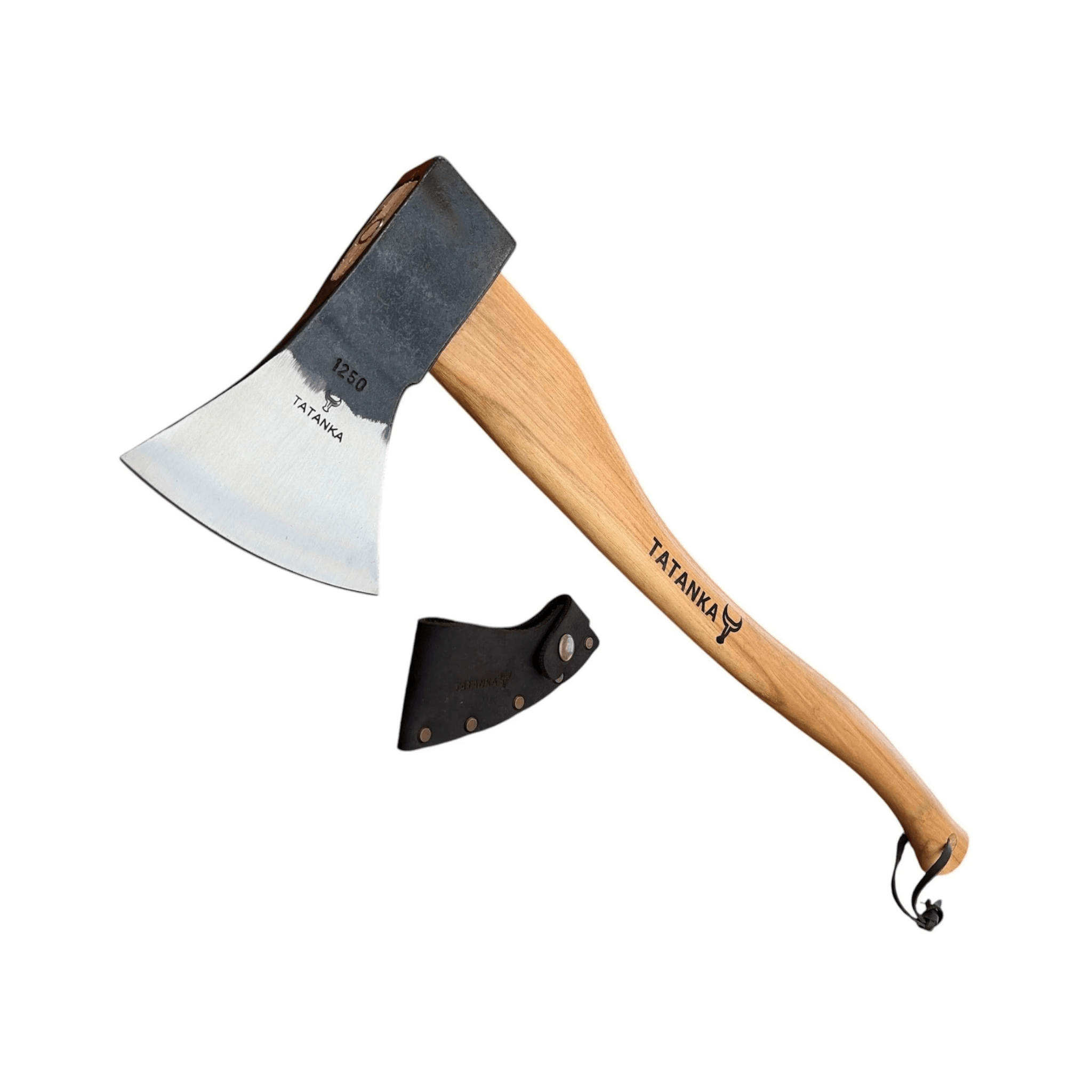 A Tatanaka hatchet with a natural wood handle, a silver steel head, and a black leather sheath, shown on a solid white background.