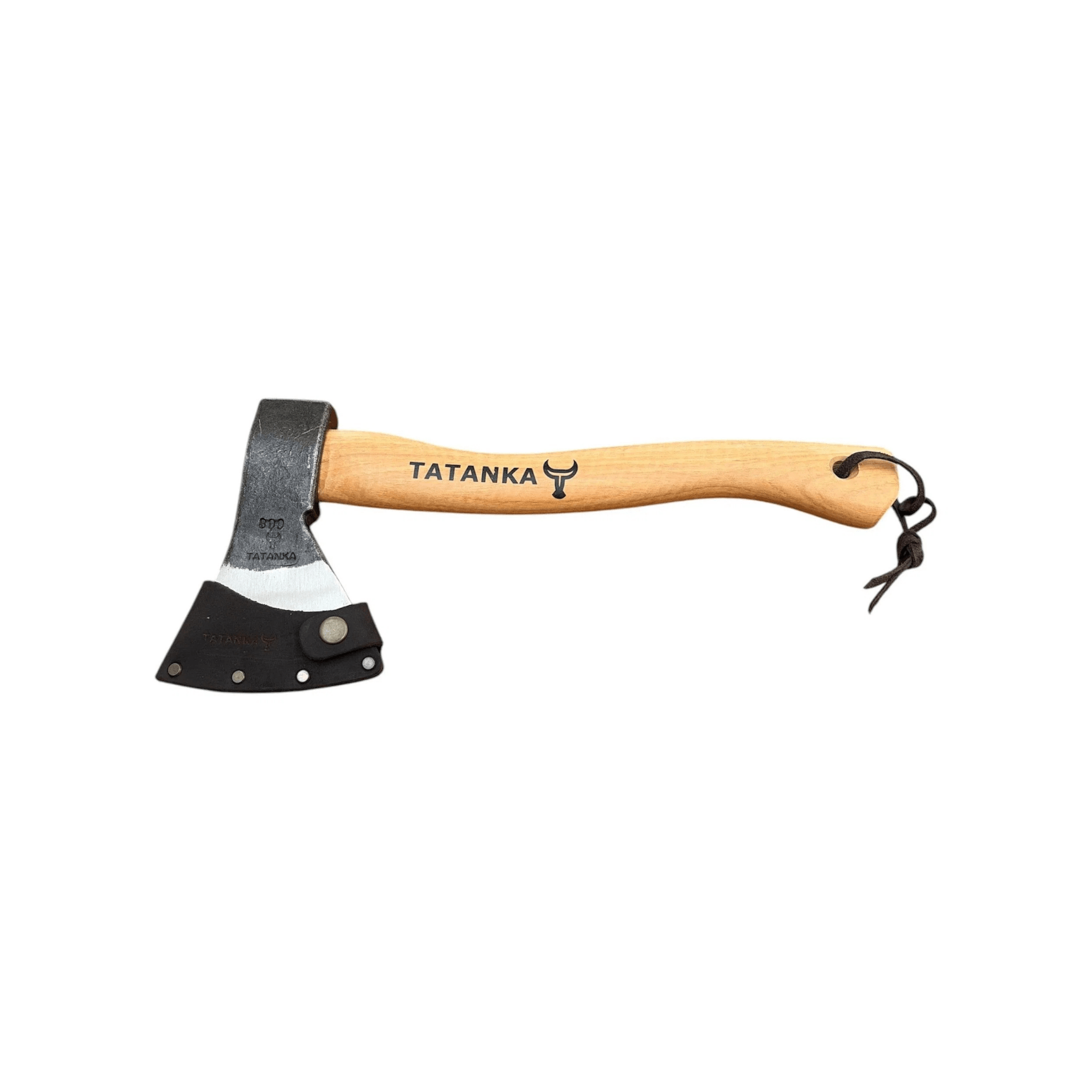 A hand axe with a light natural wood handle, black metal head, and black sheath on a plain white background. The handle is printed with the brand name 'TATANKA' and a bull logo.