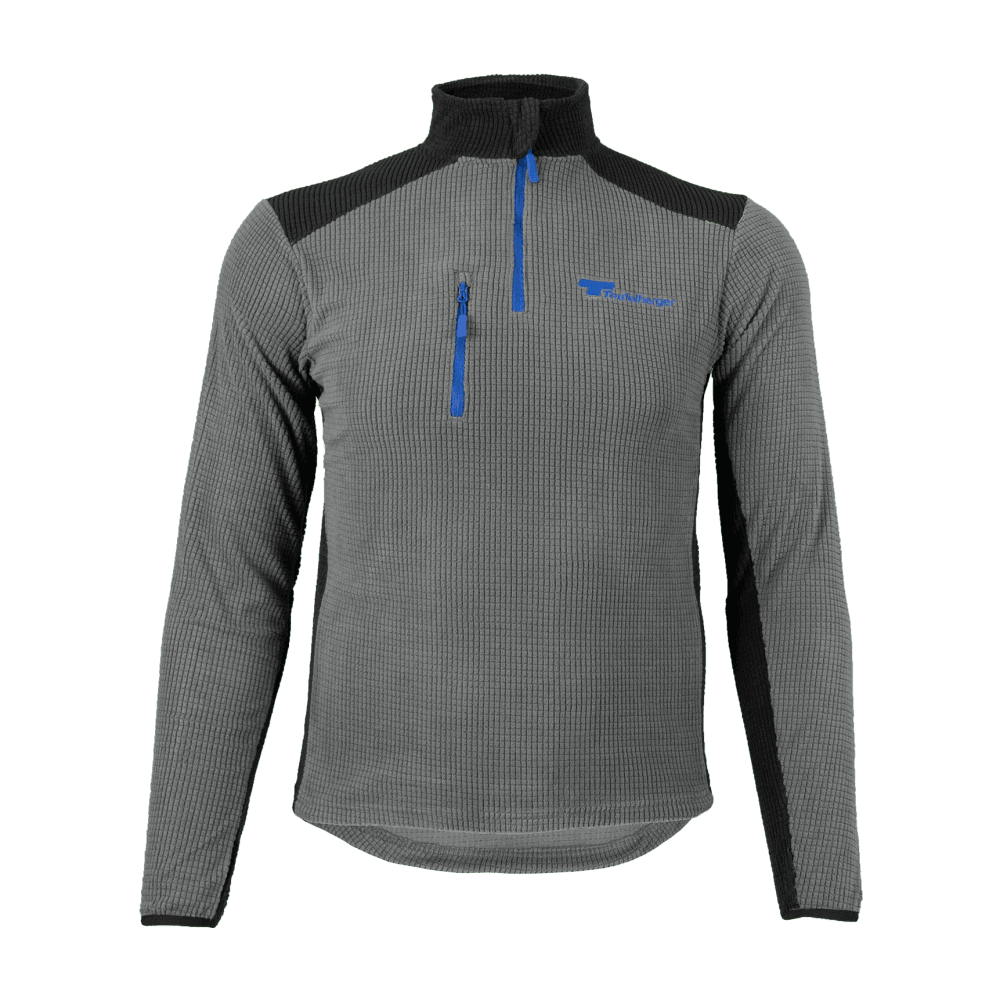 A long sleeve fleece shirt with high collar, thumb holes, and a zippered breast pocket. It is primarily gray with black and blue accents.