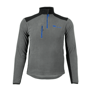 A long sleeve fleece shirt with high collar, thumb holes, and a zippered breast pocket. It is primarily gray with black and blue accents.