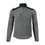 A long sleeve fleece shirt with high collar, thumb holes, and a zippered breast pocket. It is primarily gray with black and blue accents.