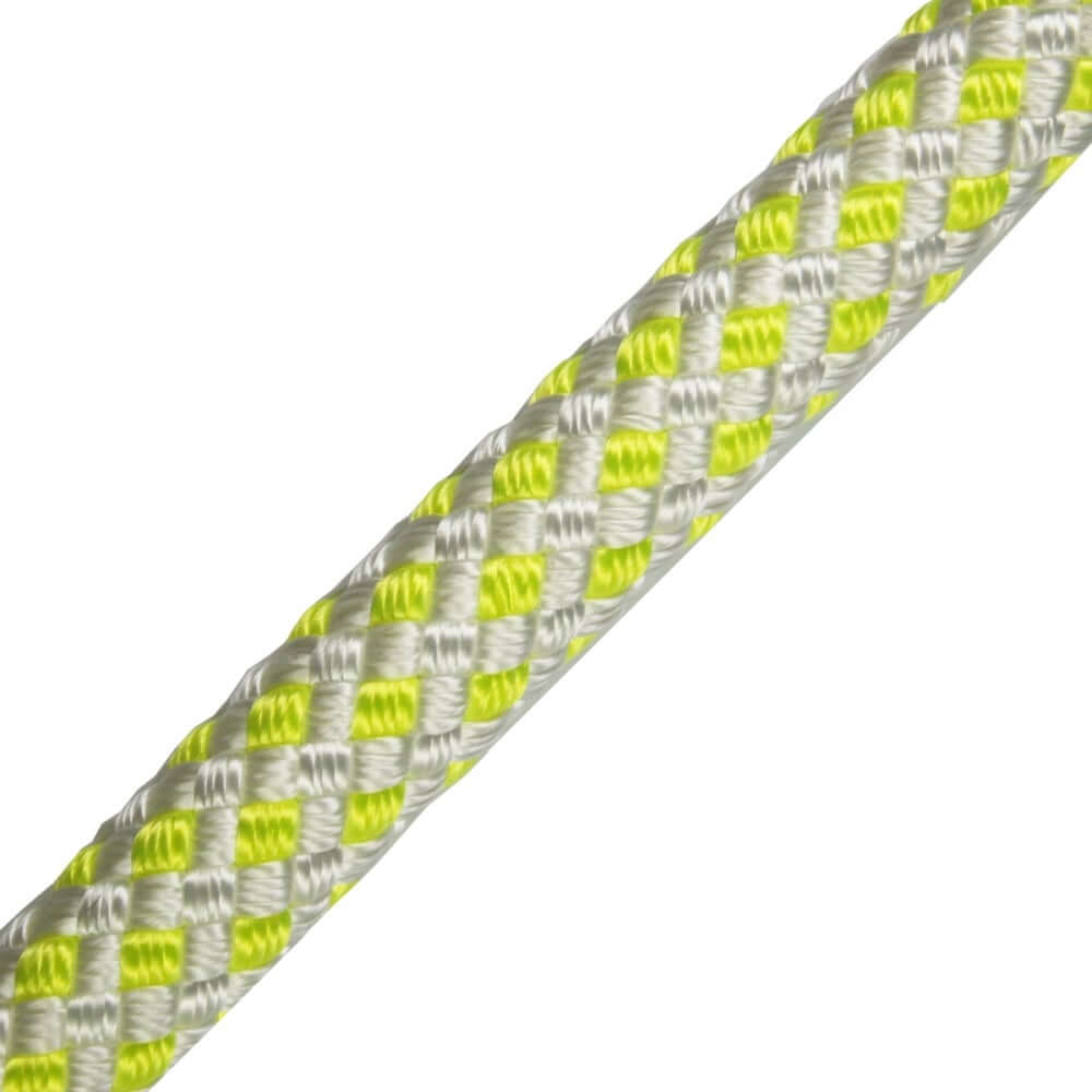 Close-up of Sirius Bull Rope 16mm rigging line showcasing its double-braided structure and color-coded design.