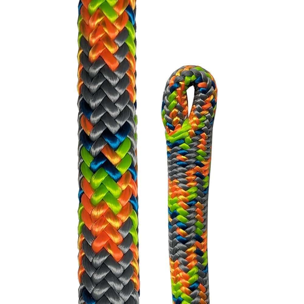 A close-up image of a Teufelberger Tachyon Ash 11.5mm climbing rope showing its colorful, multilayered braid design and spliced end.