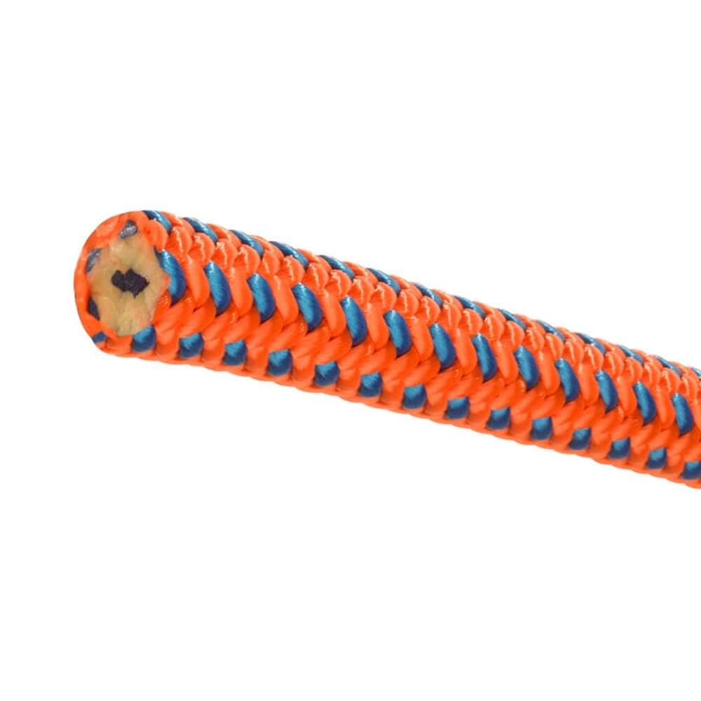 Close-up of Tachyon climbing rope in orange and blue, popular among tree surgeons for its performance and flexibility.