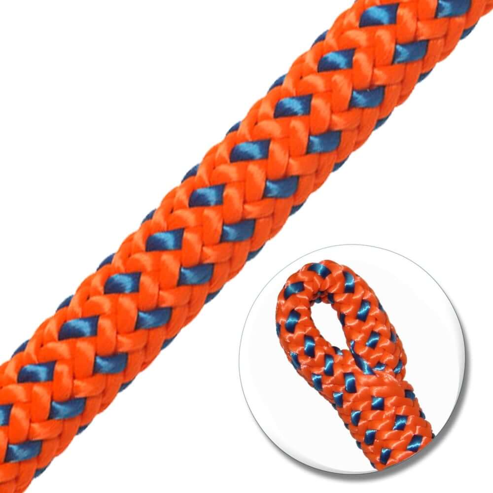 Close-up of Teufelberger Tachyon 11.5mm climbing rope in orange and blue, ideal for tree surgeons.