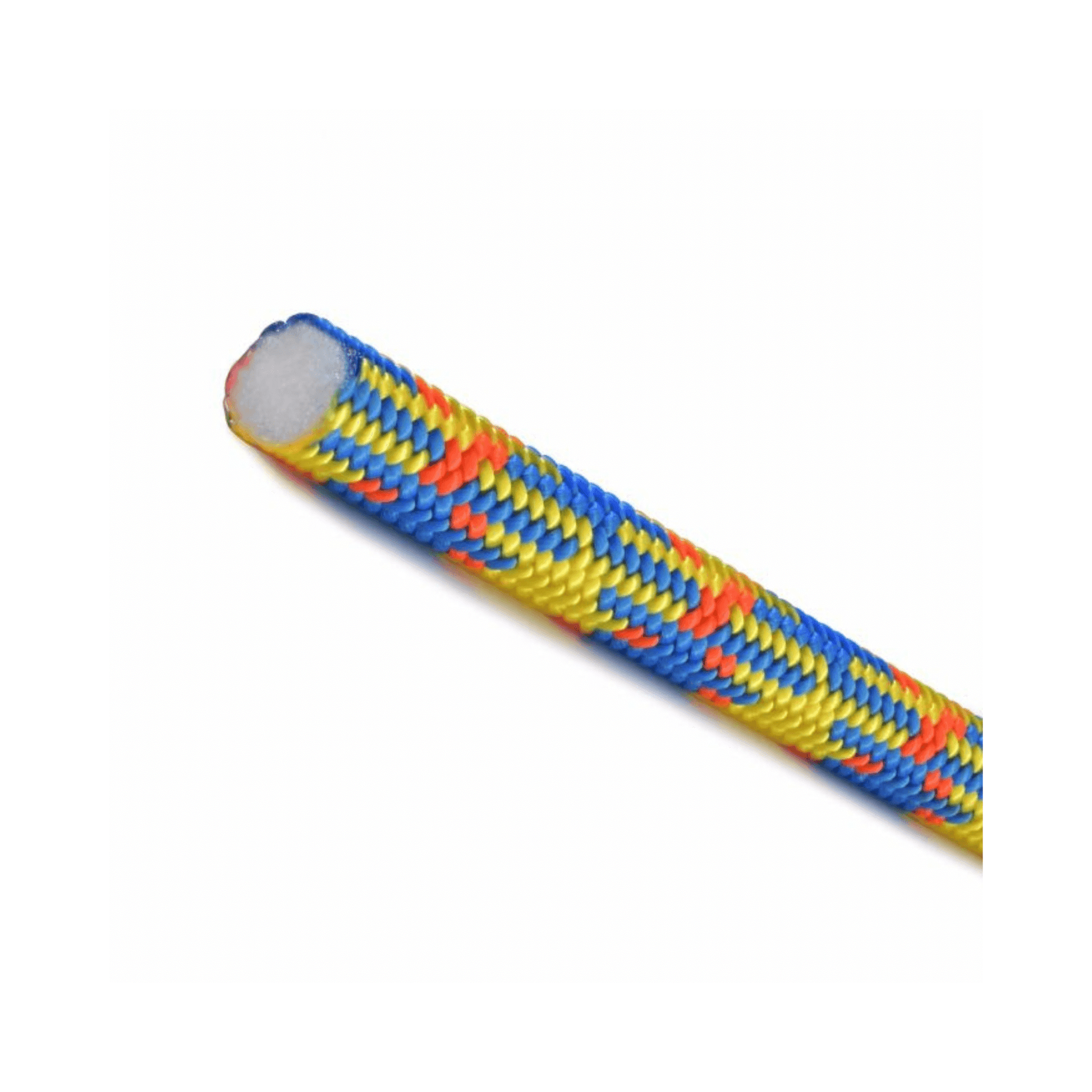 Close-up of the drenaLINE 11.8mm climbing rope, featuring a vibrant blue, yellow, and red braided design.